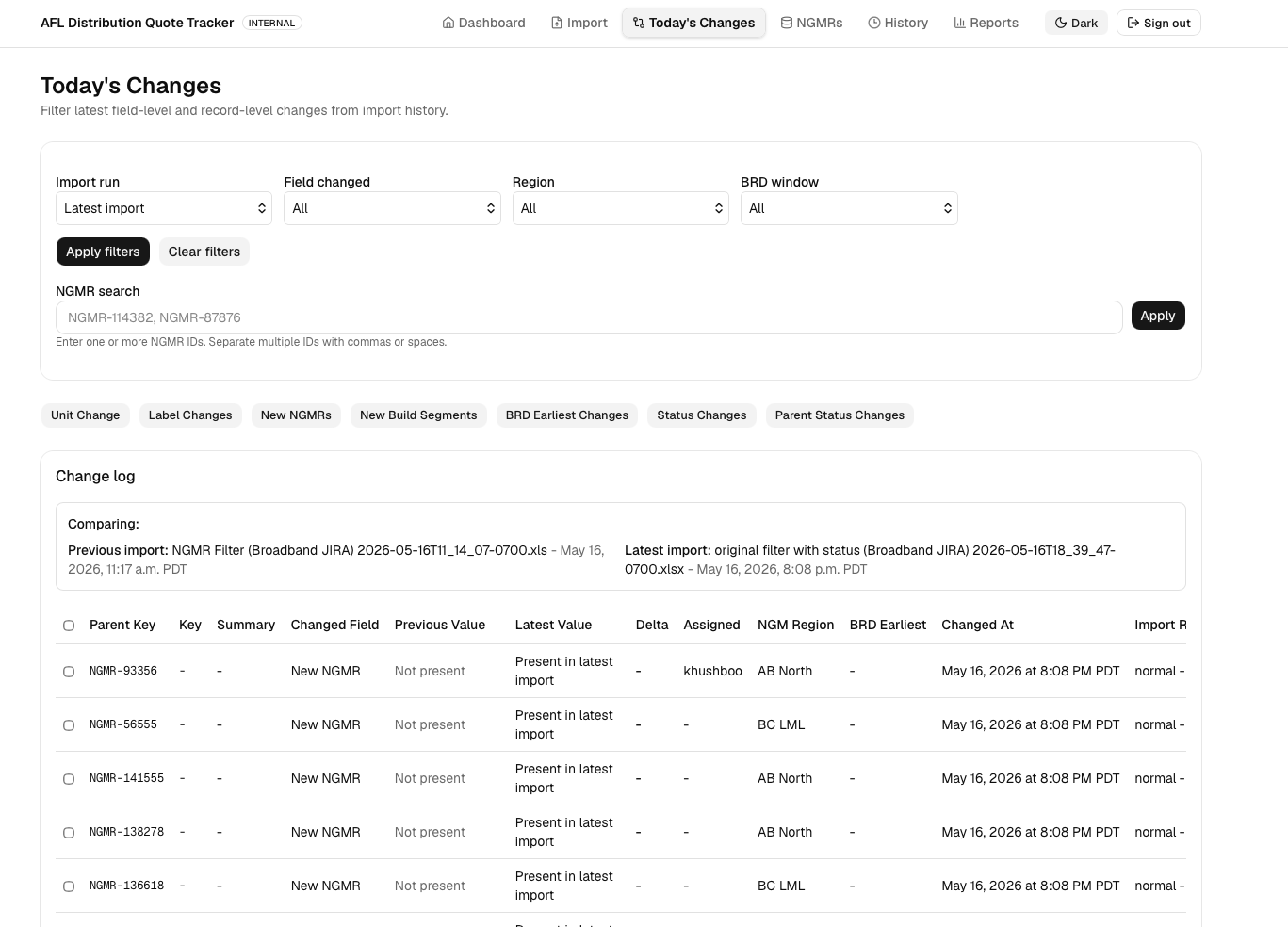 Change tracking screen showing filters and field-level differences