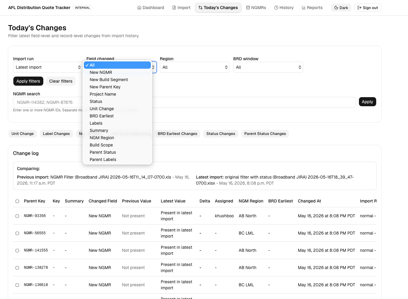 Filter interface for narrowing changed records by field, region, and BRD window