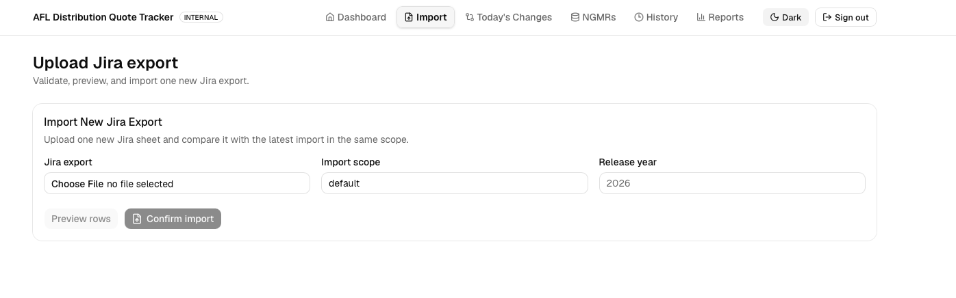 Import workflow screen with release year and file upload controls