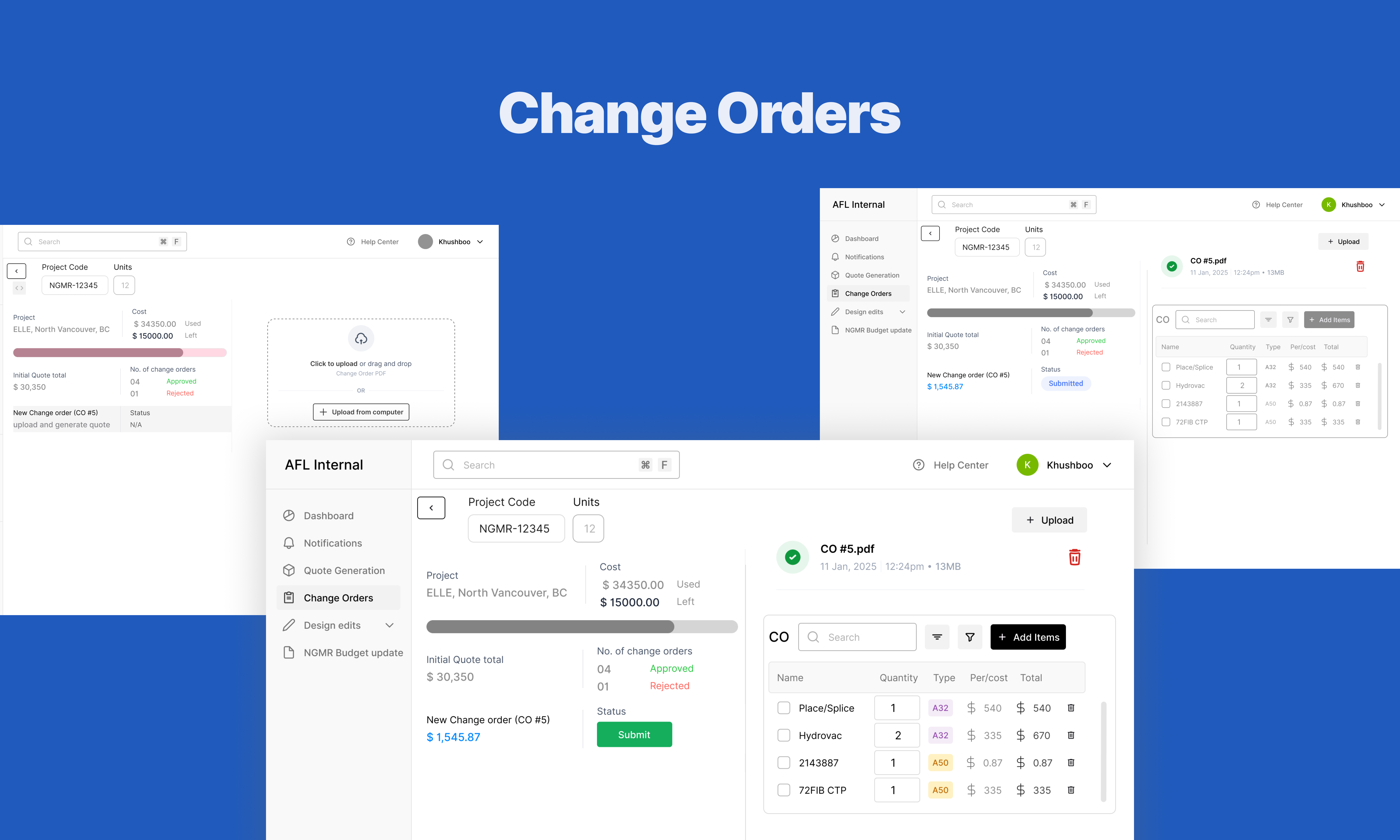 Change order dashboard with pending, submitted, approved, and rejected states