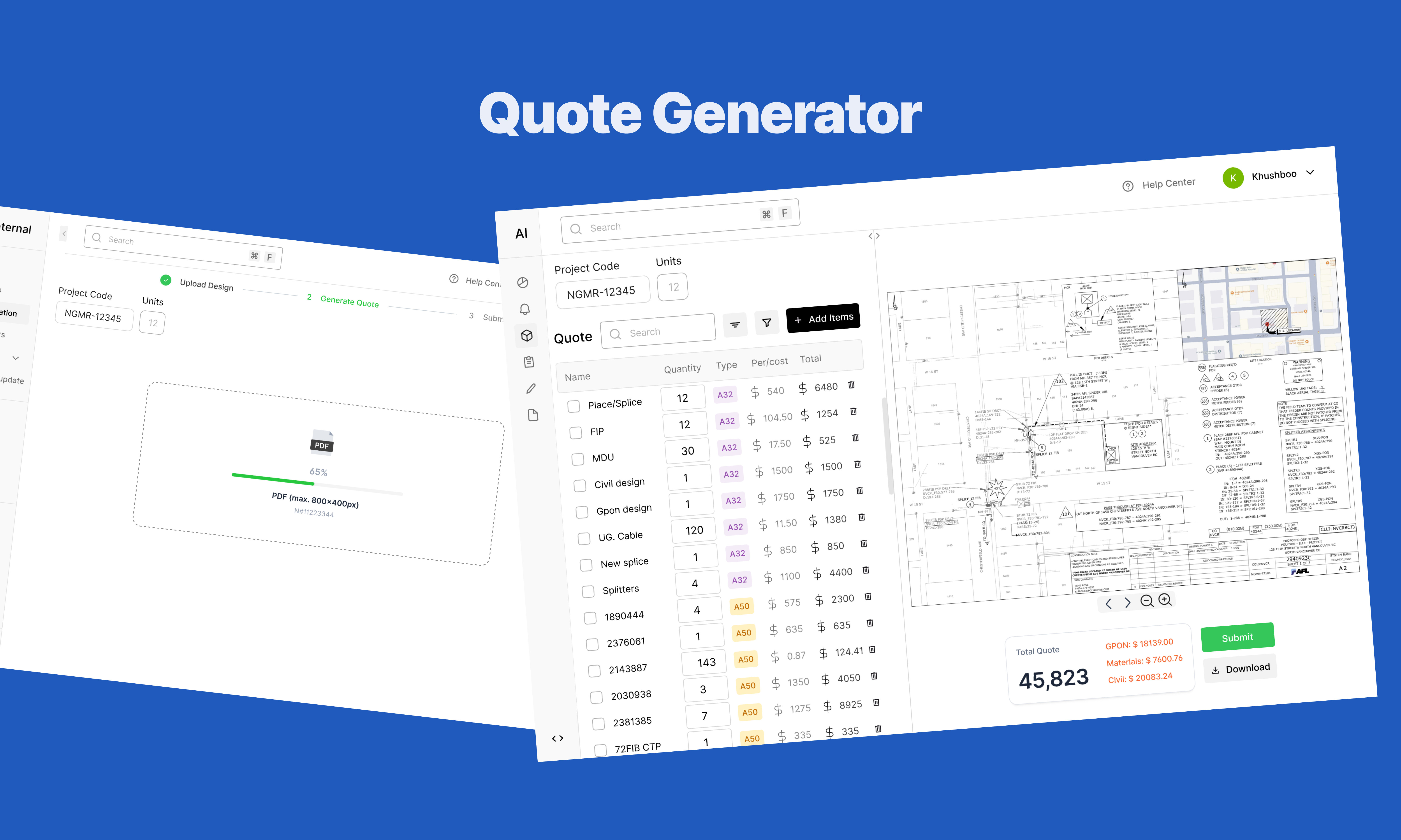 Quote Generator interface for AFL TELUS financial operations